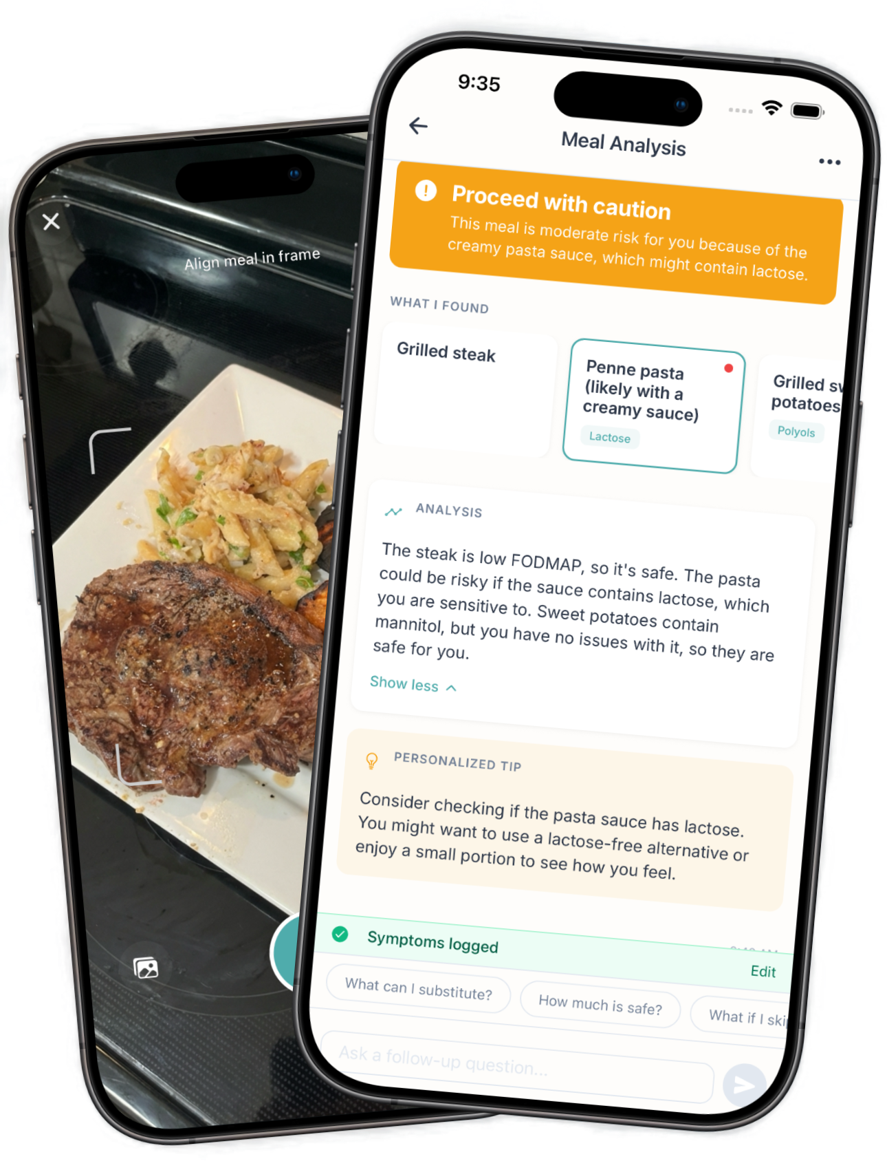 FODMAPSnap app showing meal analysis
